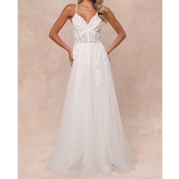 Lulus Bridal NWT Glorious Luxury White Sheer Tulle Embroidered Beaded Maxi Gown - Picture 1 of 10
